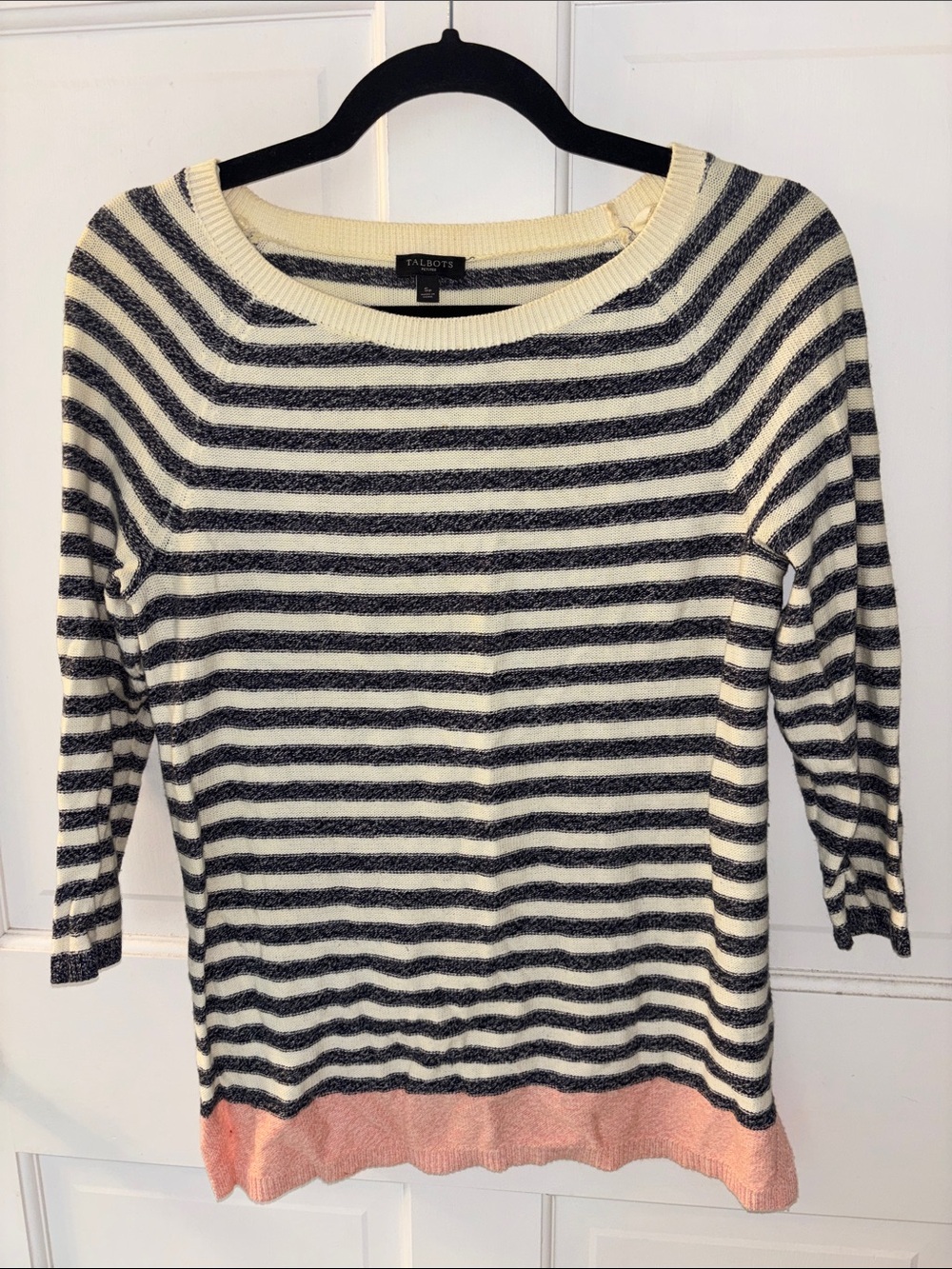 Talbots Striped Crewneck Sweater in Black, Cream & Pink Hem
